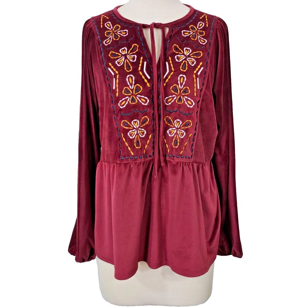 Bobeau Shirt Top Womens 1X Stretch Soft Velour Embroidered Hippie Burgundy